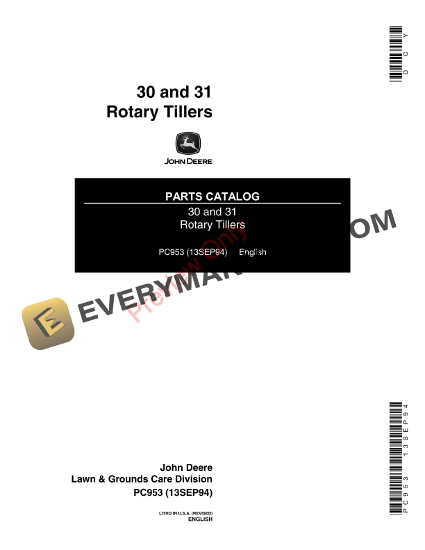 John Deere 30, 31 Rotary Tillers Parts Catalog PC953 13SEP94