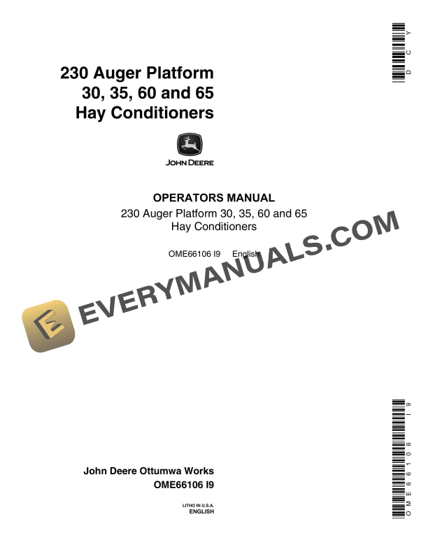 John Deere 30 35 60 and 65 Hay Conditioners 230 Auger Platform Operator Manual OME66106 1