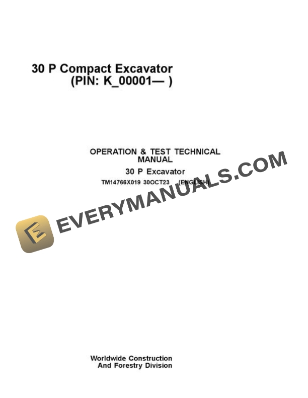 John Deere 30 P Excavator Test Manual TM14766X019