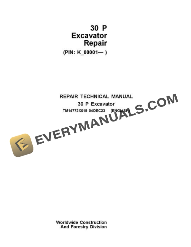 John Deere 30 P Skid Steer Repair Manual TM14772X019