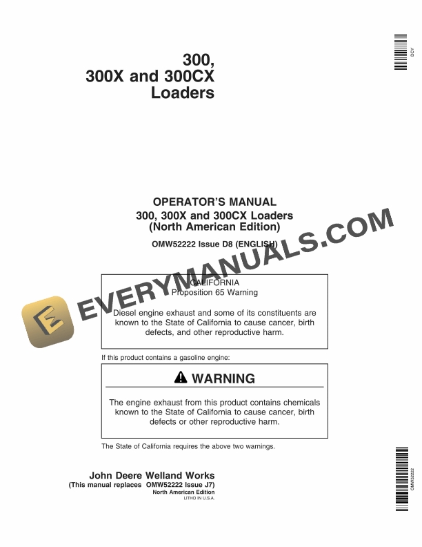 John Deere 300 300X and 300CX Loader Operator Manual OMW52222 1