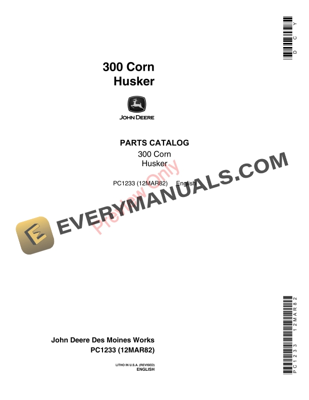 John Deere 300 Corn Husker Parts Catalog PC1233 12MAR82