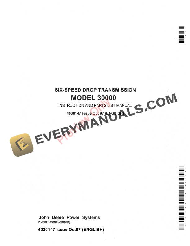 John Deere 3000 Six Speed Drop Mechanical Transmission Instruction Manual 4030147 01OCT97 1