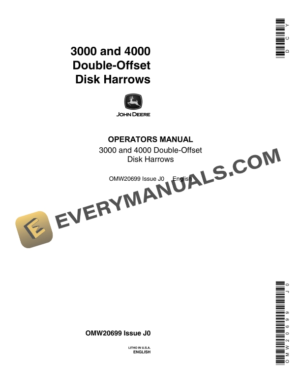 John Deere 3000 and 4000 Double-Offset Disk Harrow Operator Manual OMW20699