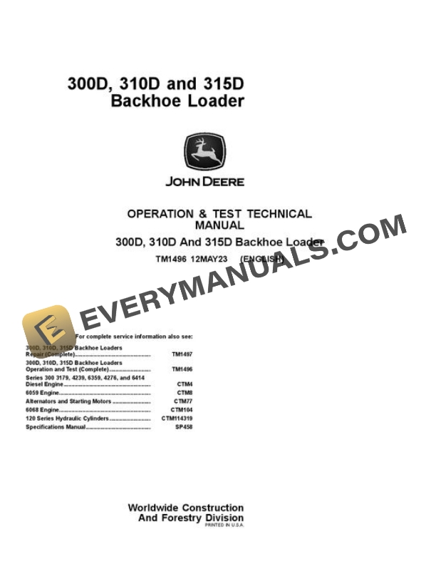 John Deere 300D 310D 315D Backhoe Loader Test Manual TM1496