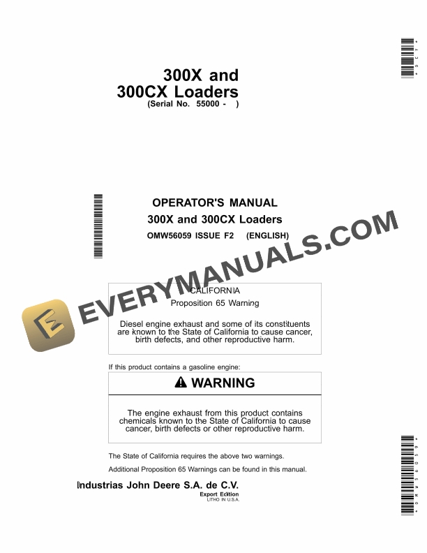 John Deere 300X and 300CX Loader Operator Manual OMW56059