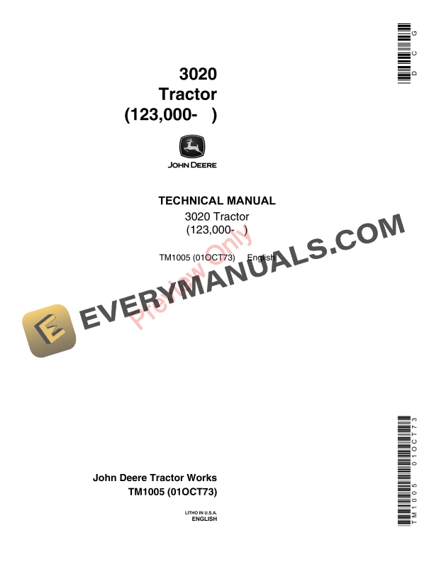 John Deere 3020 Row Crop Tractor Technical Manual TM1005 01OCT73 1