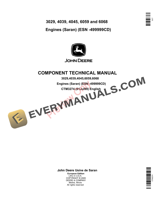 John Deere 3029 4039 4045 6059 6068 Engines Component Technical Manual CTM3274 01JUL99 1