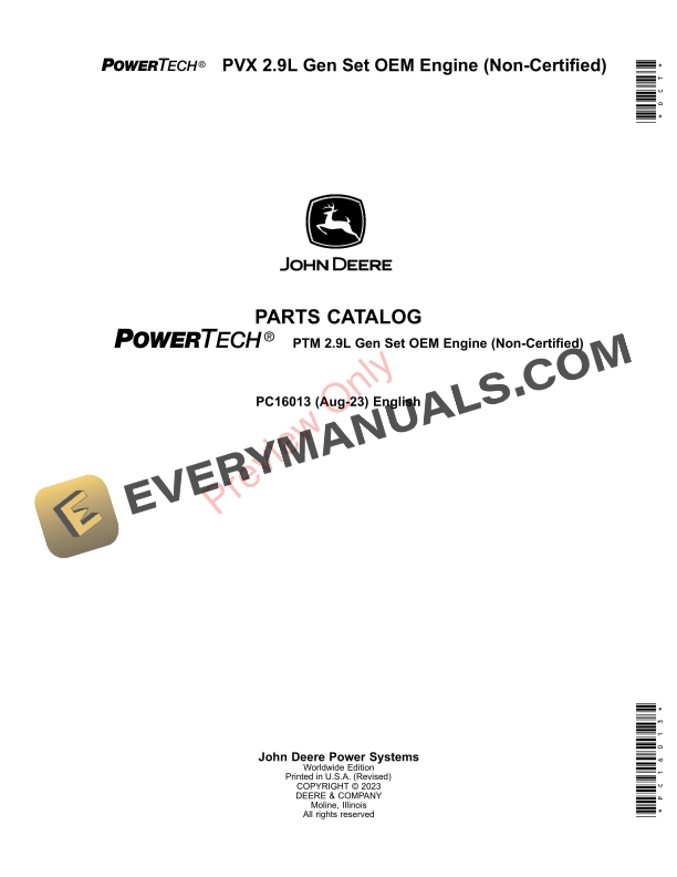 John Deere 3029HFU20 PowerTech PVX 2.9L Gen Set OEM Engine (Non Parts Catalog PC16013 24AUG23