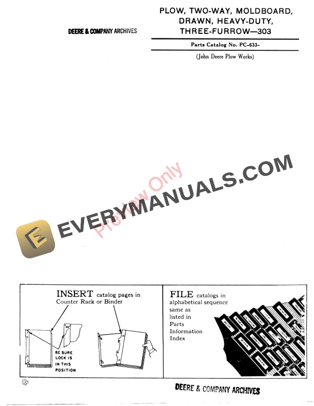 John Deere 303 Plow, Two-Way, Moldboard, Drawn, Heavy Parts Catalog PC633 01JUL59