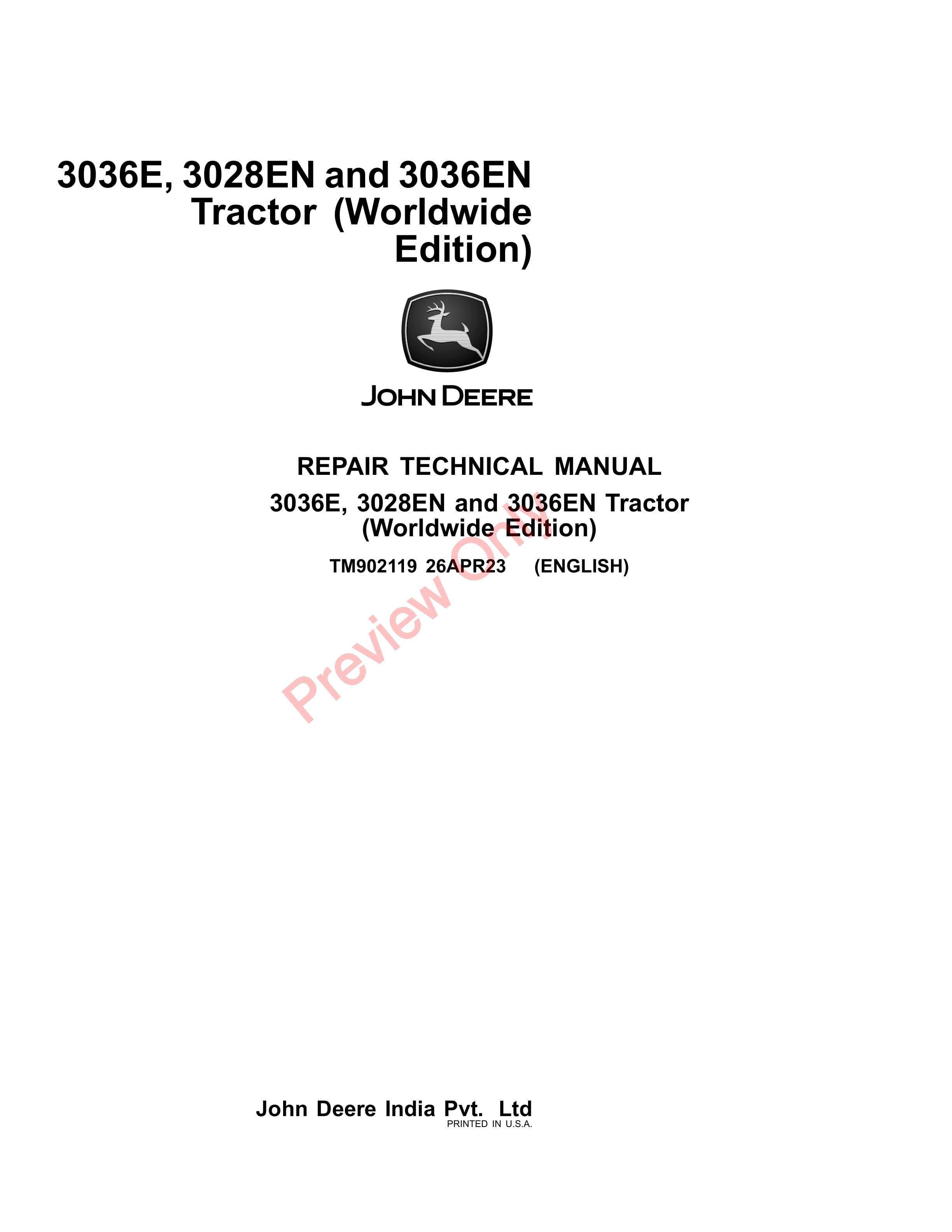 John Deere 3036E 3028EN and 3036EN Tractor Repair Technical Manual TM902119 26APR23 1