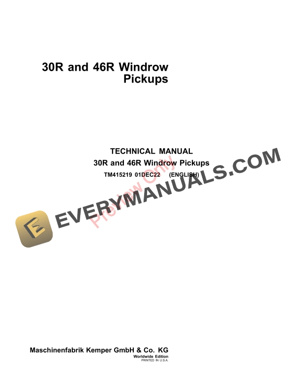 John Deere 30R and 46R Windrow Pickups Technical Manual TM415219 01DEC22