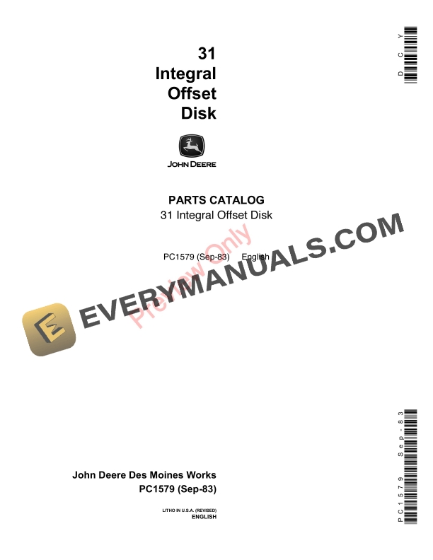 John Deere 31 Integral Harrow Disk Parts Catalog PC1579 02SEP83