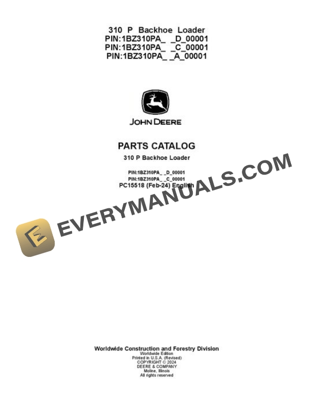 John Deere 310 P Backhoe Loader Parts Catalog PC15518