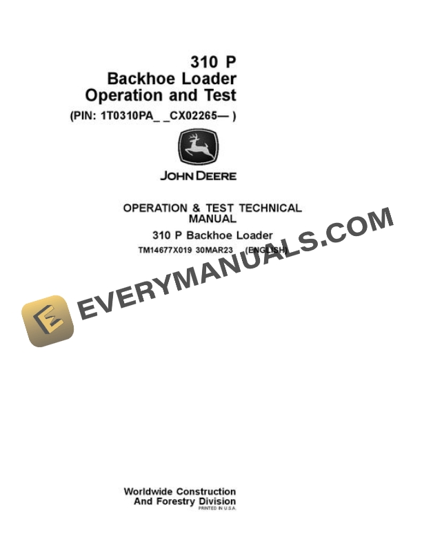 John Deere 310 P Backhoe Loader Test Manual TM14677X019