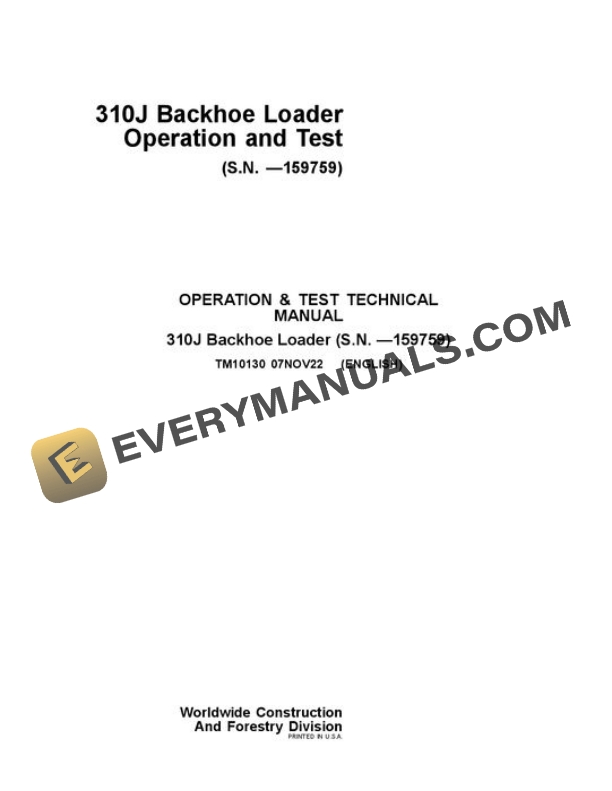 John Deere 310J Backhoe Loader Test Manual TM10130