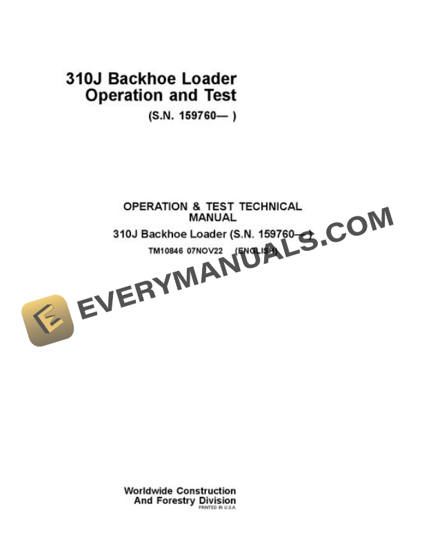 John Deere 310J Backhoe Loader Test Manual TM10846