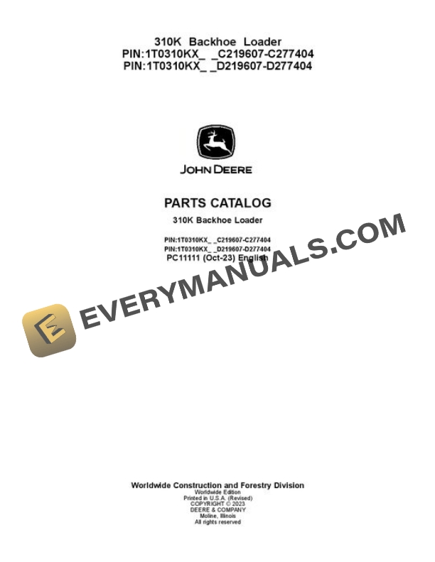John Deere 310K Backhoe Parts Catalog PC11111