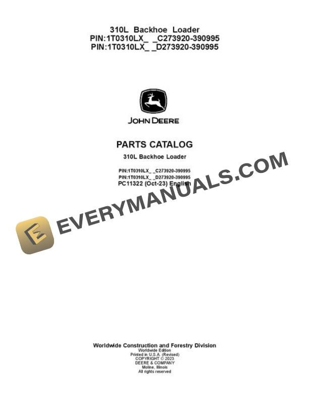 John Deere 310L Backhoe Loader Parts Catalog PC11322