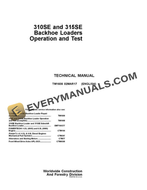 John Deere 310SE 315SE Backhoe Test Manual TM1608