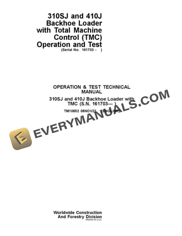 John Deere 310SJ TMC 410J TMC Backhoe Loader Test Manual TM10852