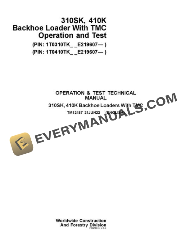 John Deere 310SK 410K TC TMC Backhoe Loader Test Manual TM12487
