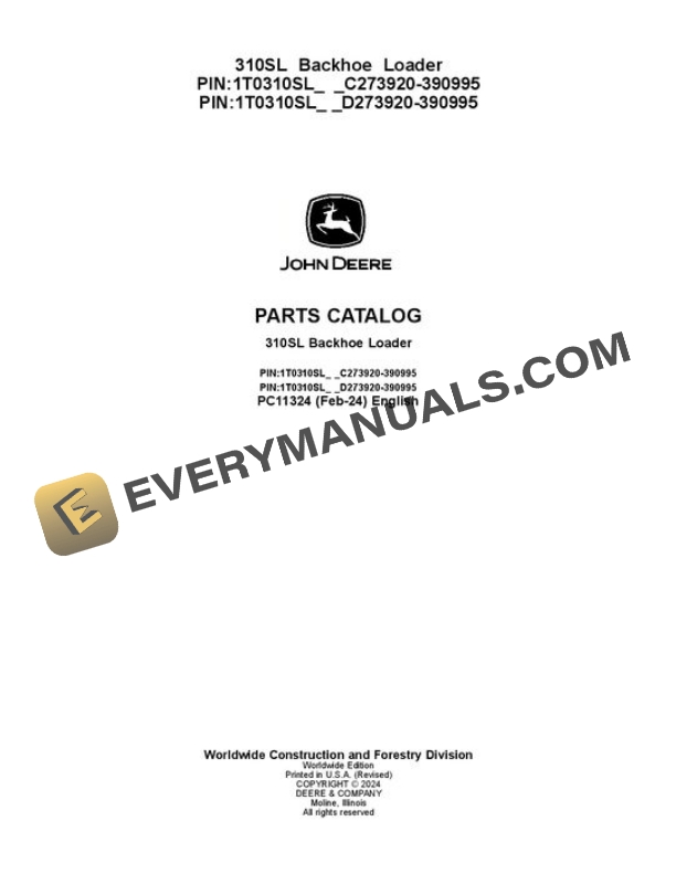 John Deere 310SL Backhoe Loader Parts Catalog PC11324