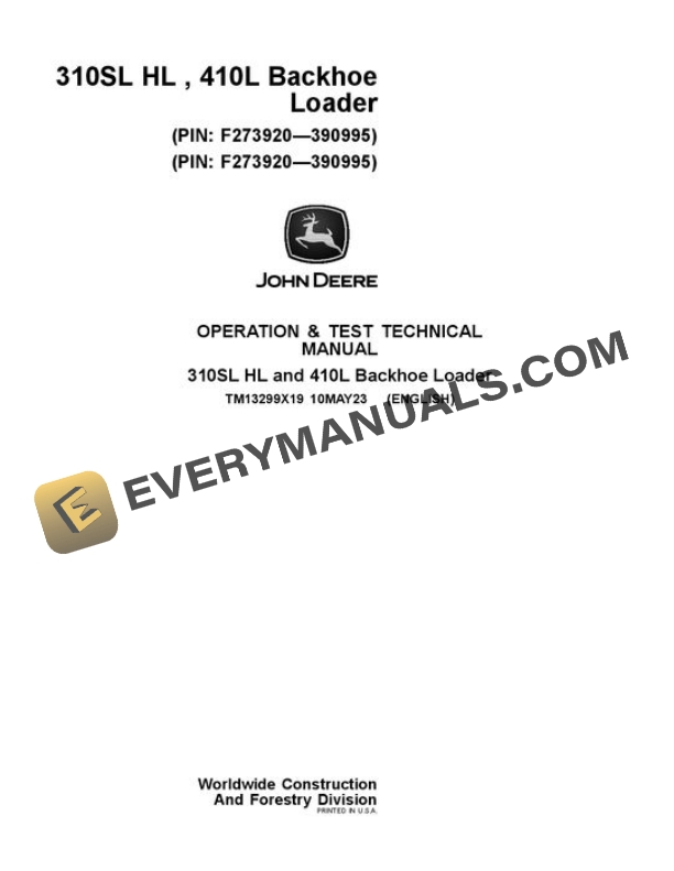 John Deere 310SL HL 410L Backhoe Test Manual TM13299X19