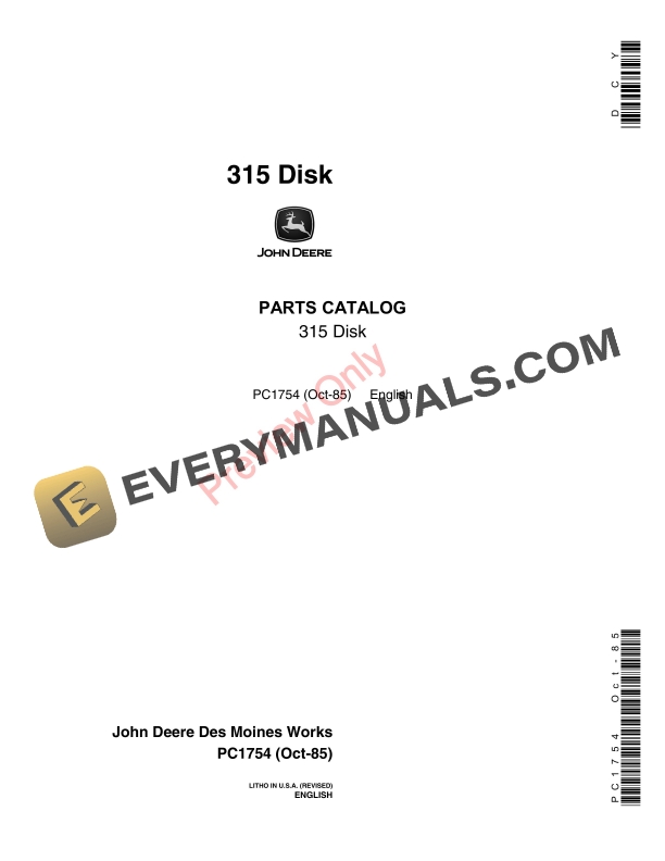 John Deere 315 Disk Parts Catalog PC1754 07OCT85
