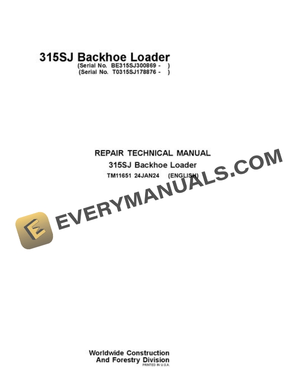 John Deere 315SJ Backhoe Loader Repair Manual TM11651