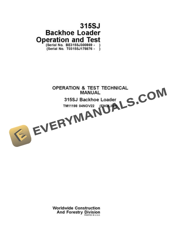 John Deere 315SJ Backhoe Loader Test Manual TM11198