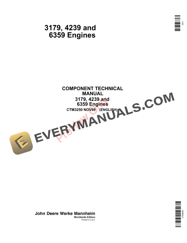 John Deere 3179, 4239 and 6359 Engines Component Technical Manual CTM3250 01NOV89
