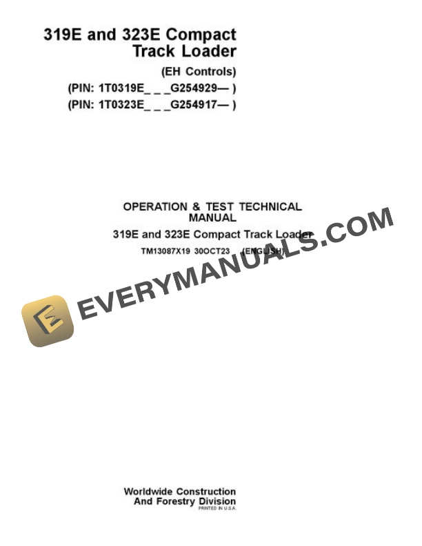 John Deere 319E 323E Skid Steer Test Manual TM13087X19