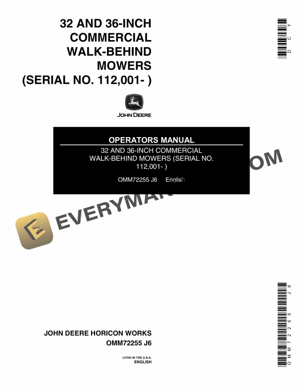 John Deere 32 AND 36 INCH COMMERCIAL WALK BEHIND MOWERS Operator Manual OMM72255 1