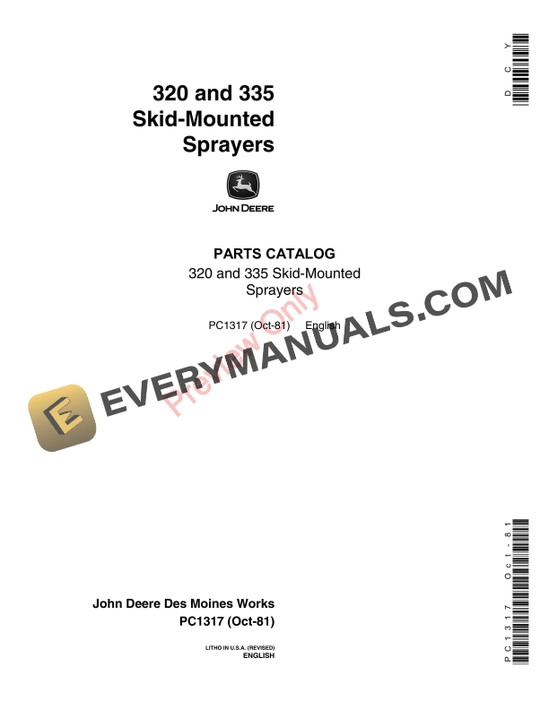 John Deere 320, 335 Skid-Mounted Sprayers Parts Catalog PC1317 01OCT81