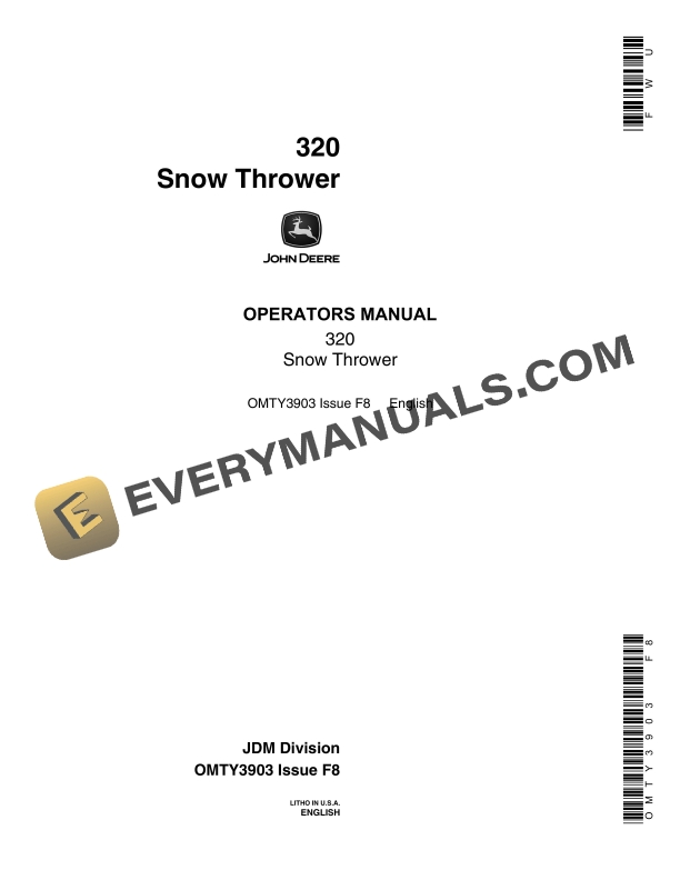John Deere 320 Snow Thrower Operator Manual OMTY3903 1