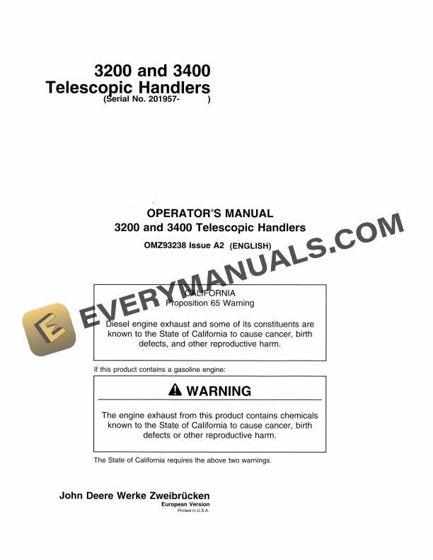 John Deere 3200 and 3400 Telescopic Handlers Operator Manual OMZ93238