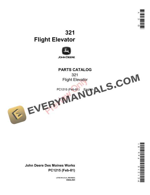 John Deere 321 Flight Elevator Parts Catalog PC1215 01FEB81 1