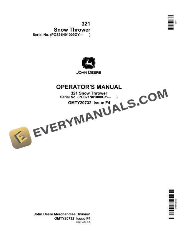 John Deere 321 Snow Thrower Operator Manual OMTY20732 1