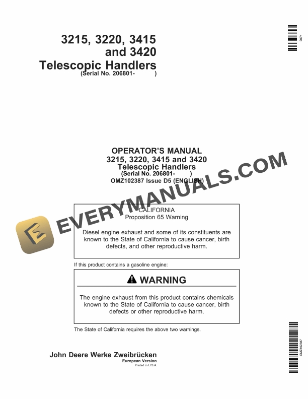 John Deere 3215 3220 3415 and 3420 Telescopic Handlers Operator Manual OMZ102387 1