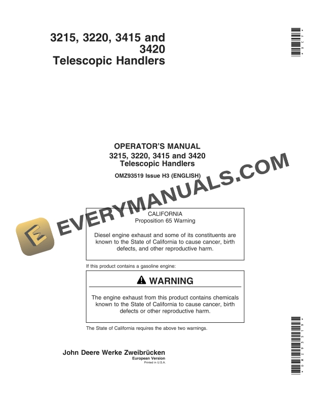 John Deere 3215 3220 3415 and 3420 Telescopic Handlers Operator Manual OMZ93519 1