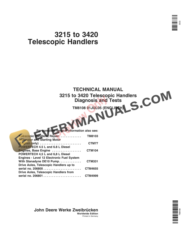 John Deere 3215, 3220, 3415 and 3420 Telescopic Handlers Service Information TM8108 01JUL05