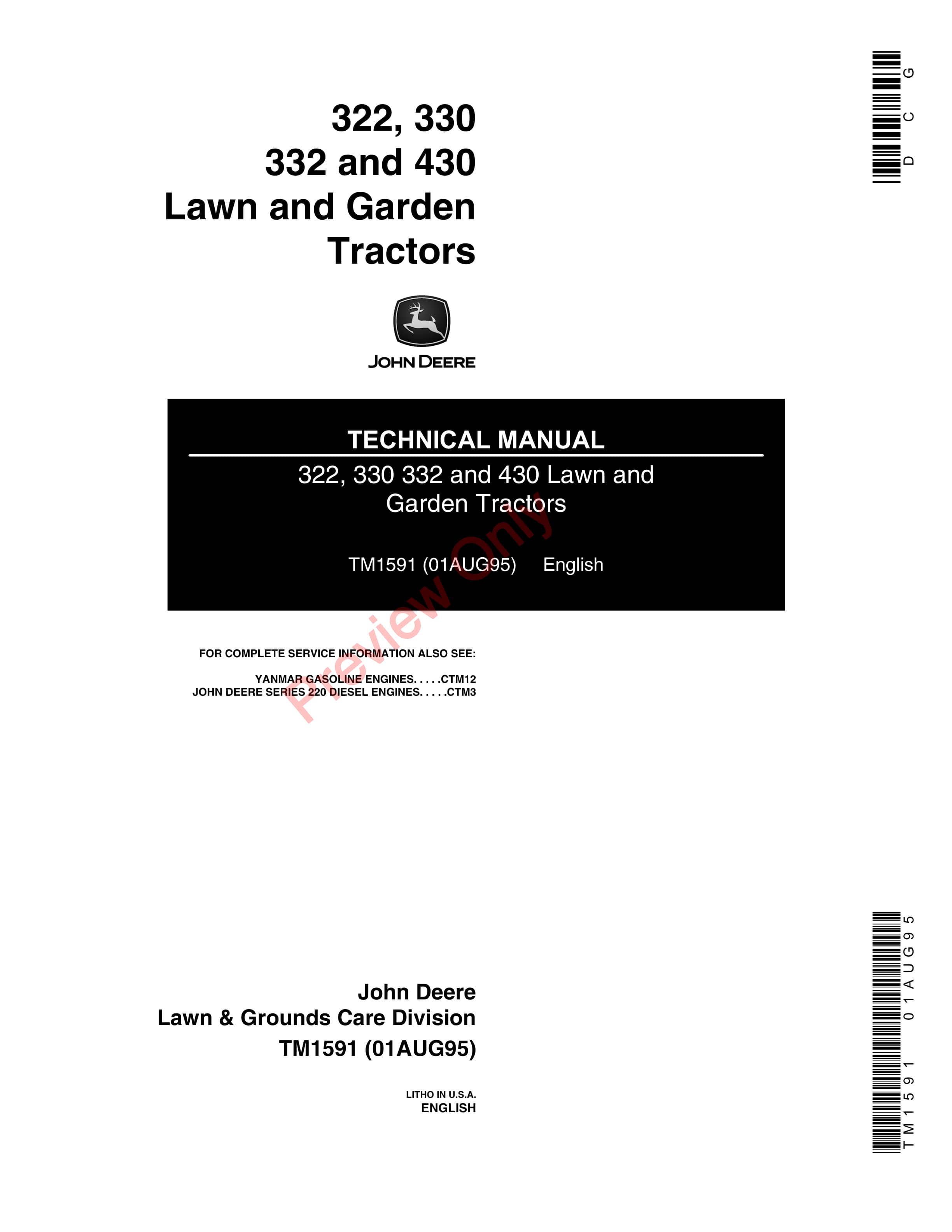 John Deere 322 330 332 430 Lawn and Garden Tractors Technical Manual TM1591 01AUG95 1