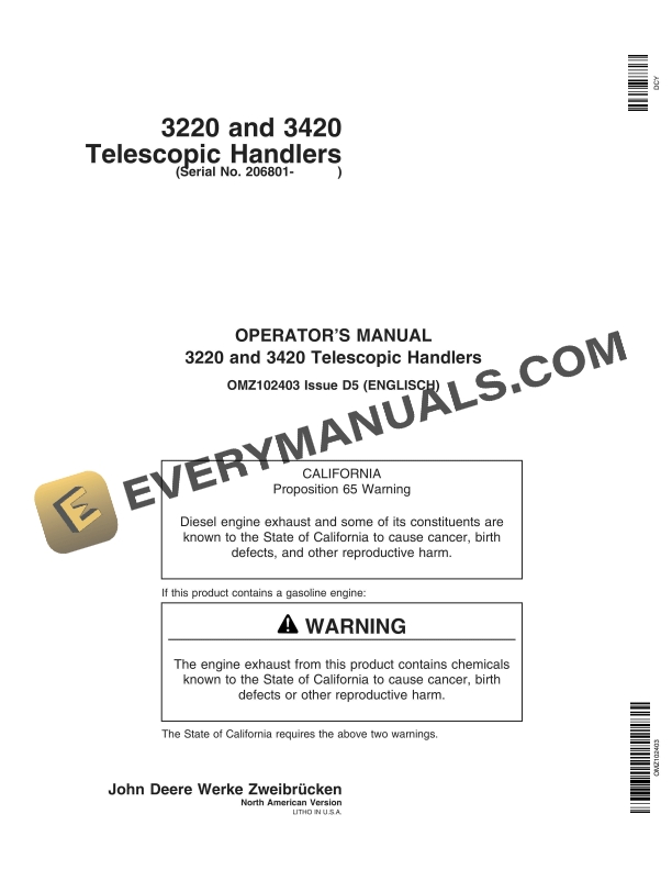 John Deere 3220 and 3420 Telescopic Handlers Operator Manual OMZ102403 1