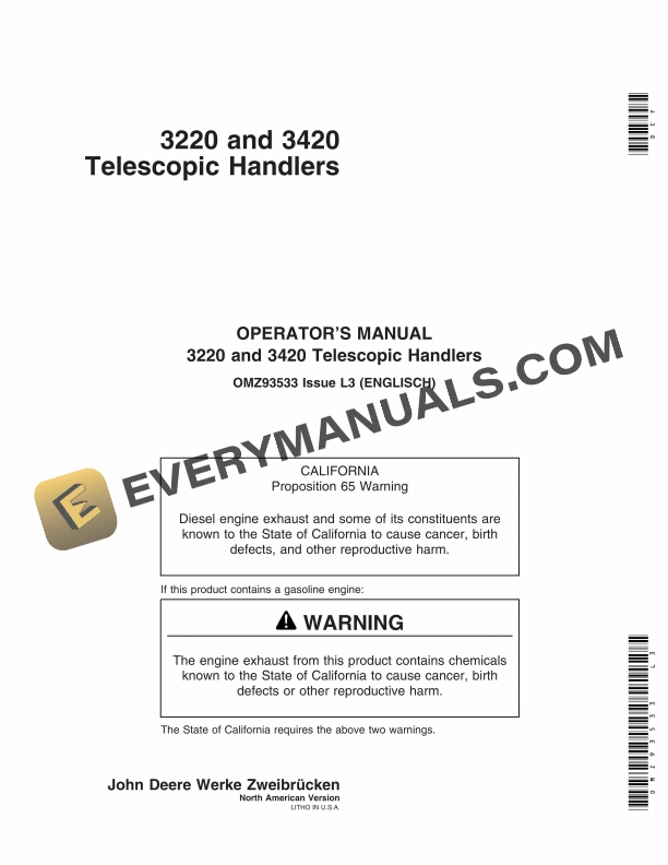 John Deere 3220 and 3420 Telescopic Handlers Operator Manual OMZ93533 1