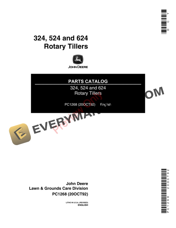 John Deere 324, 524 and 624 Walk-Behind Tillers Parts Catalog PC1268 20OCT92