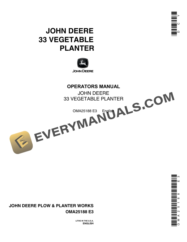 John Deere 33 VEGETABLE PLANTER Operator Manual OMA25188 1