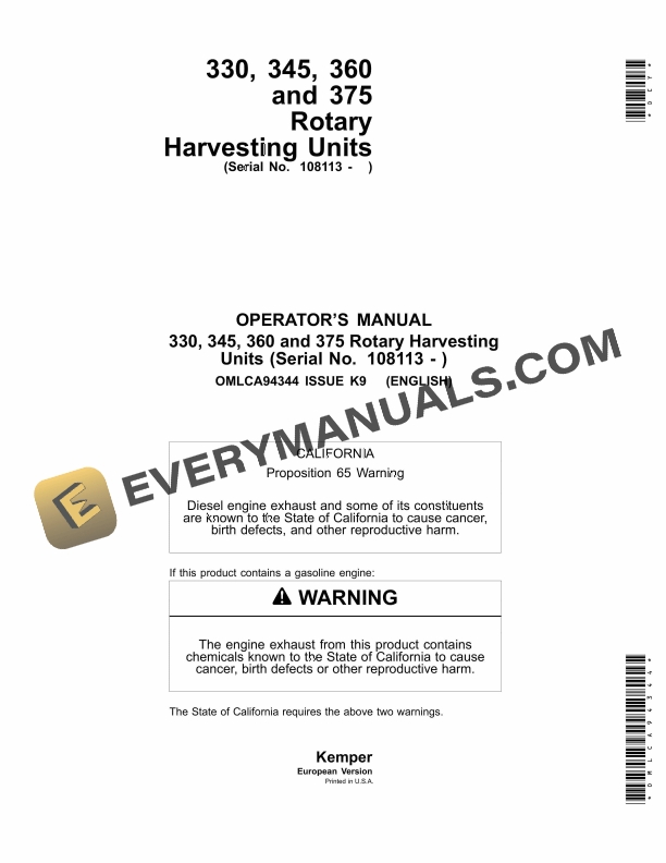 John Deere 330, 345, 360, 375 Rotary Harvesting Unit Operator Manual OMLCA94344