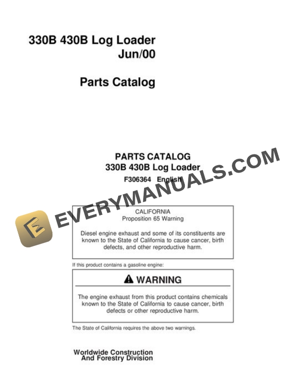 John Deere 330B 430B Knuckleboom Loader Parts Catalog F306364