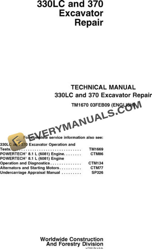 John Deere 330LC 370 Excavator Repair Manual TM1670